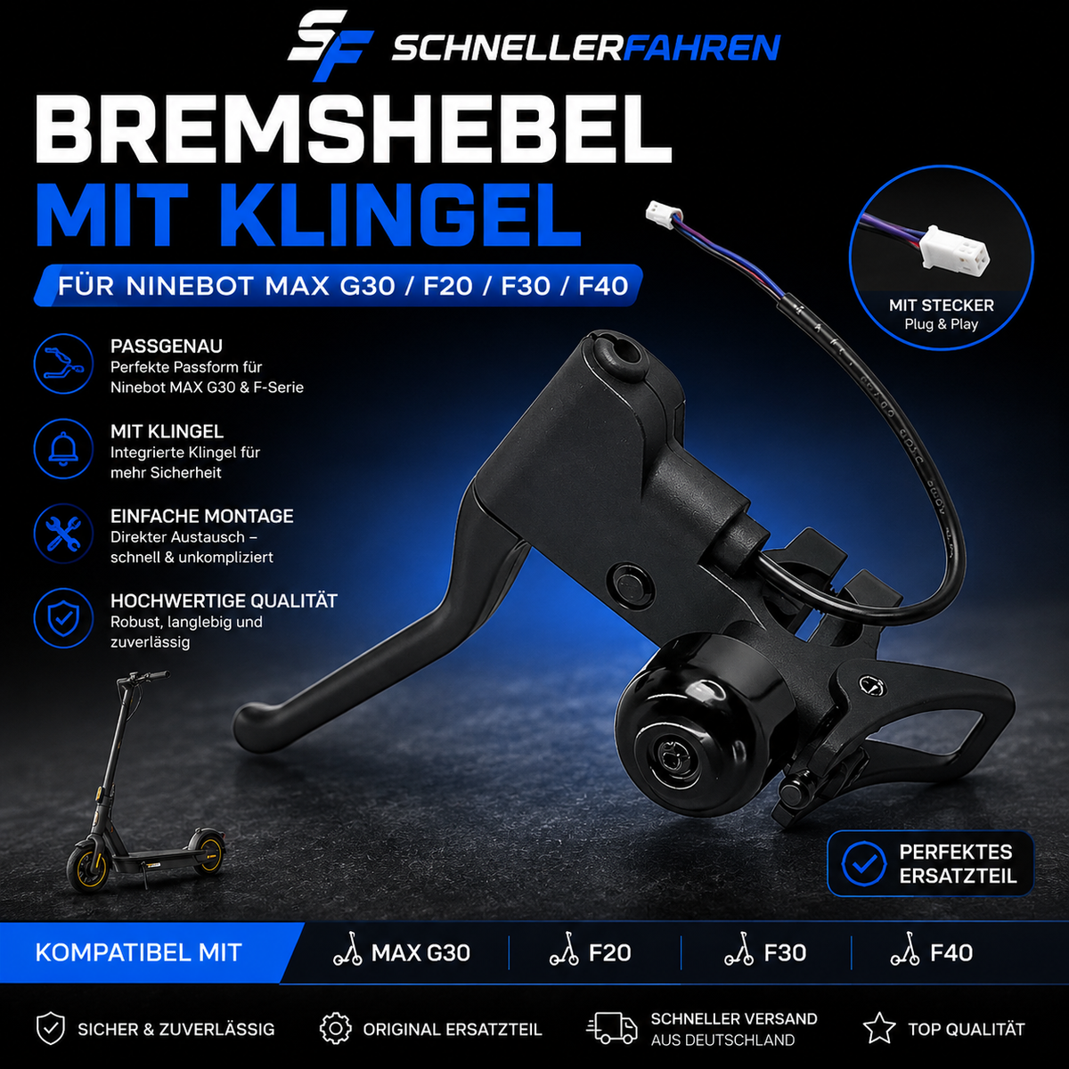 2-in-1 Bremshebel mit Klingel für Ninebot G30 / F20 / F25 / F30 / F2 Plus & Xiaomi M365