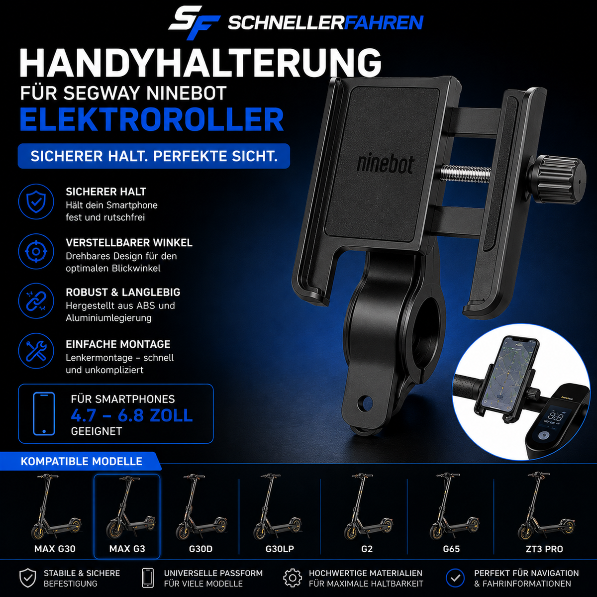 Handyhalterung für Ninebot MAX G3 / G30 / G2 / G65 / ZT3 Pro – Smartphone Halterung
